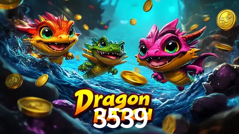 Arte promocional do jogo Dragon Hatch com três adoráveis dragões bebês nadando entre moedas de ouro, um dos slots mais divertidos para jogar no cassino 3539.