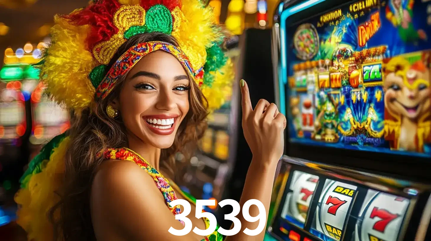 Mulher animada com um cocar de carnaval apontando para uma máquina de caça-níqueis, mostrando a emoção de ganhar um grande prêmio nos jogos do 3539.