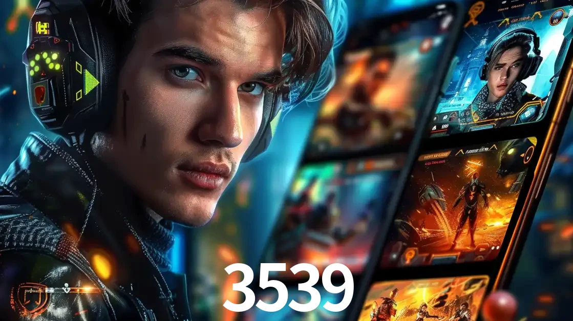 Jovem jogador com fones de ouvido olhando para a câmera, com um aplicativo de jogos e e-sports para celular ao fundo, pronto para a competição e apostas no 3539.