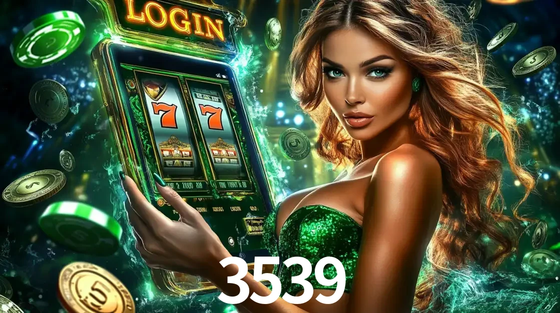 Mulher com tema verde apresentando o aplicativo do cassino 3539 com um jogo de slot de 777, cercada por fichas de cassino e uma aura de sorte.