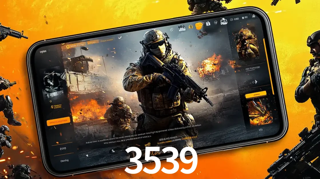 Um smartphone exibindo a interface de um jogo de tiro em primeira pessoa, com um soldado em um cenário de batalha, representando a ação dos e-sports para apostar no 3539.
