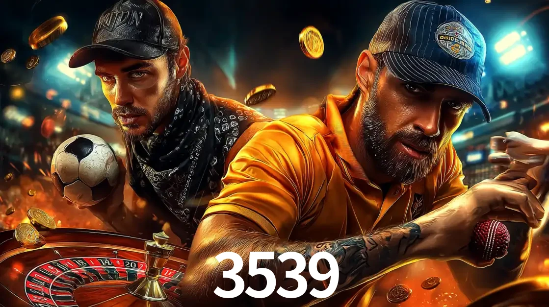 Montagem de apostas esportivas e cassino no 3539, com um homem segurando uma bola de futebol e outro uma de beisebol sobre uma roleta e moedas voadoras.