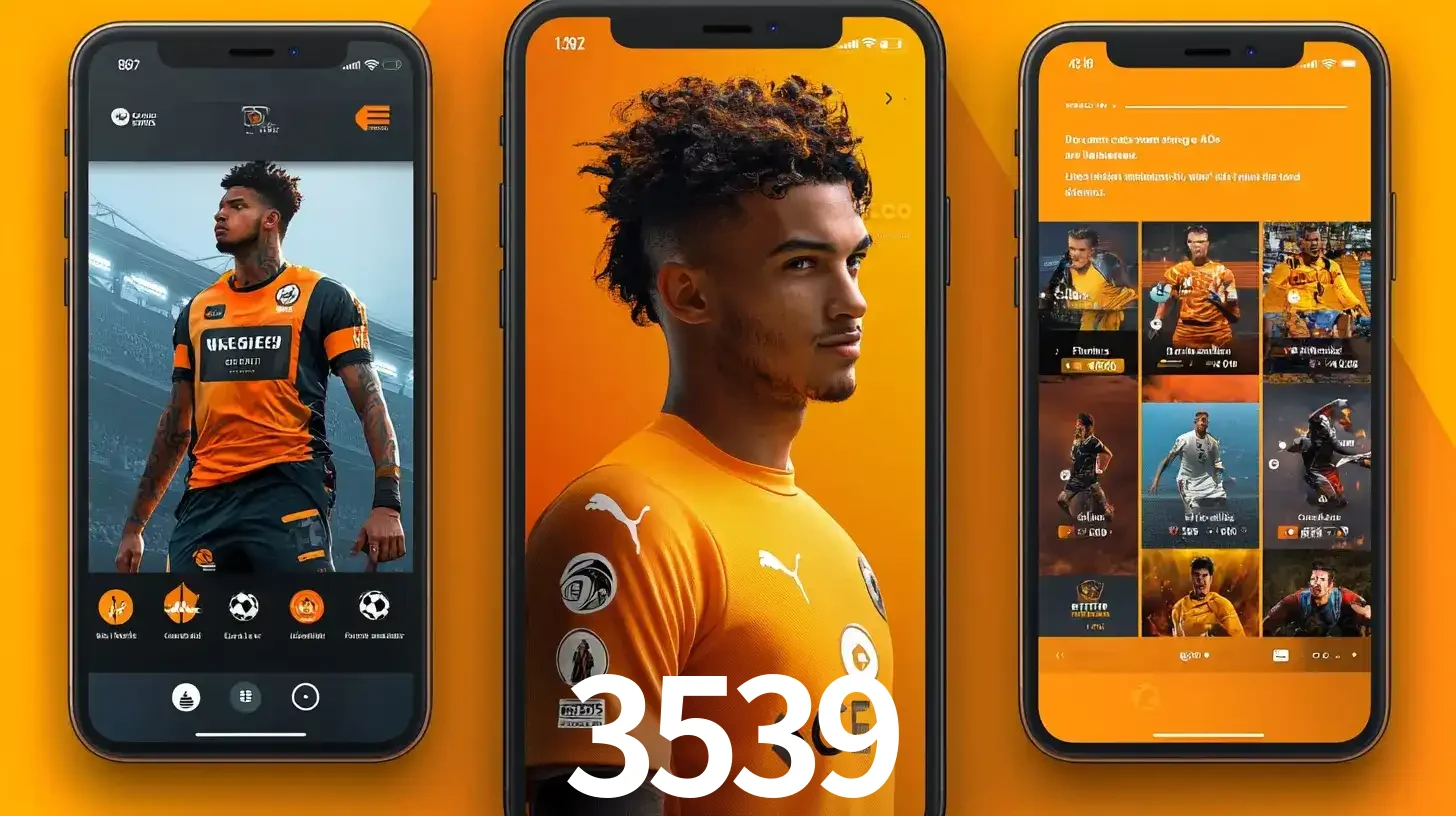 Interface do aplicativo de apostas esportivas 3539 em três telas de celular, mostrando o perfil de um jogador de futebol e a lista de jogos disponíveis para apostar.