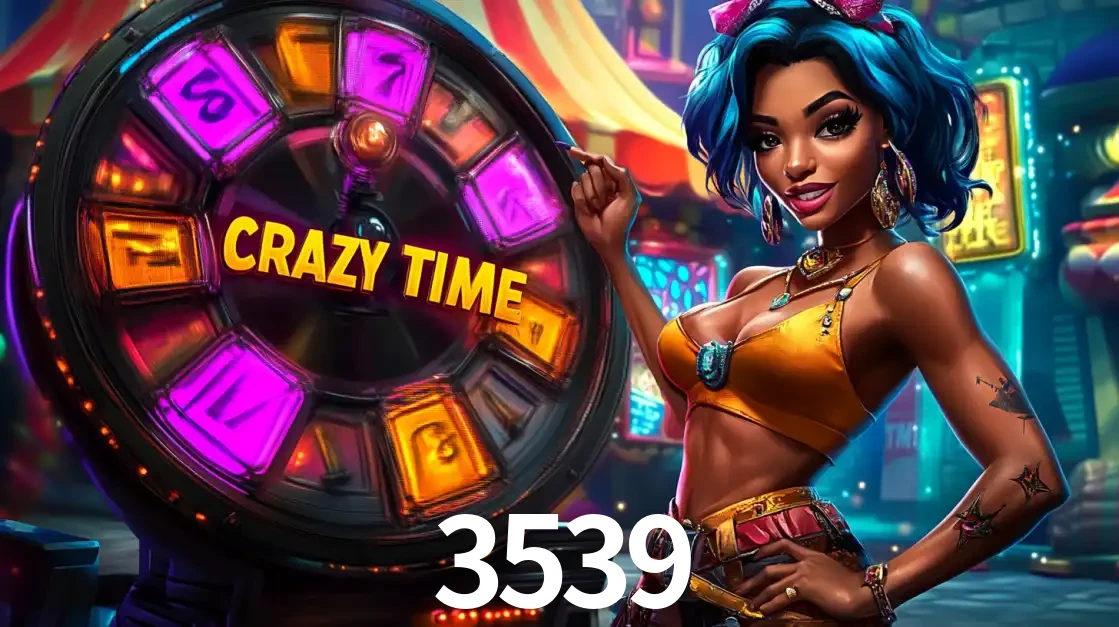 Mulher estilizada com cabelo azul e visual vibrante posando ao lado da roda de prêmios do game show Crazy Time, convidando para a diversão e os bônus do cassino 3539.