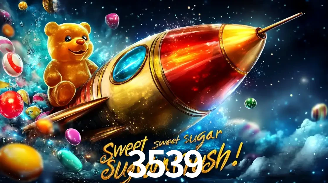 Arte promocional do jogo de slot Sugar Rush, com um urso de pelúcia em um foguete viajando pelo espaço de doces, um dos jogos divertidos disponíveis no cassino 3539.
