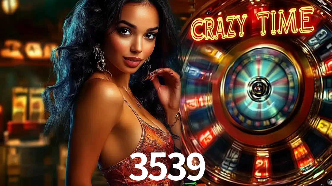 Mulher elegante ao lado da vibrante roda da fortuna do jogo de cassino ao vivo Crazy Time, um dos game shows mais populares e cheios de prêmios do 3539.