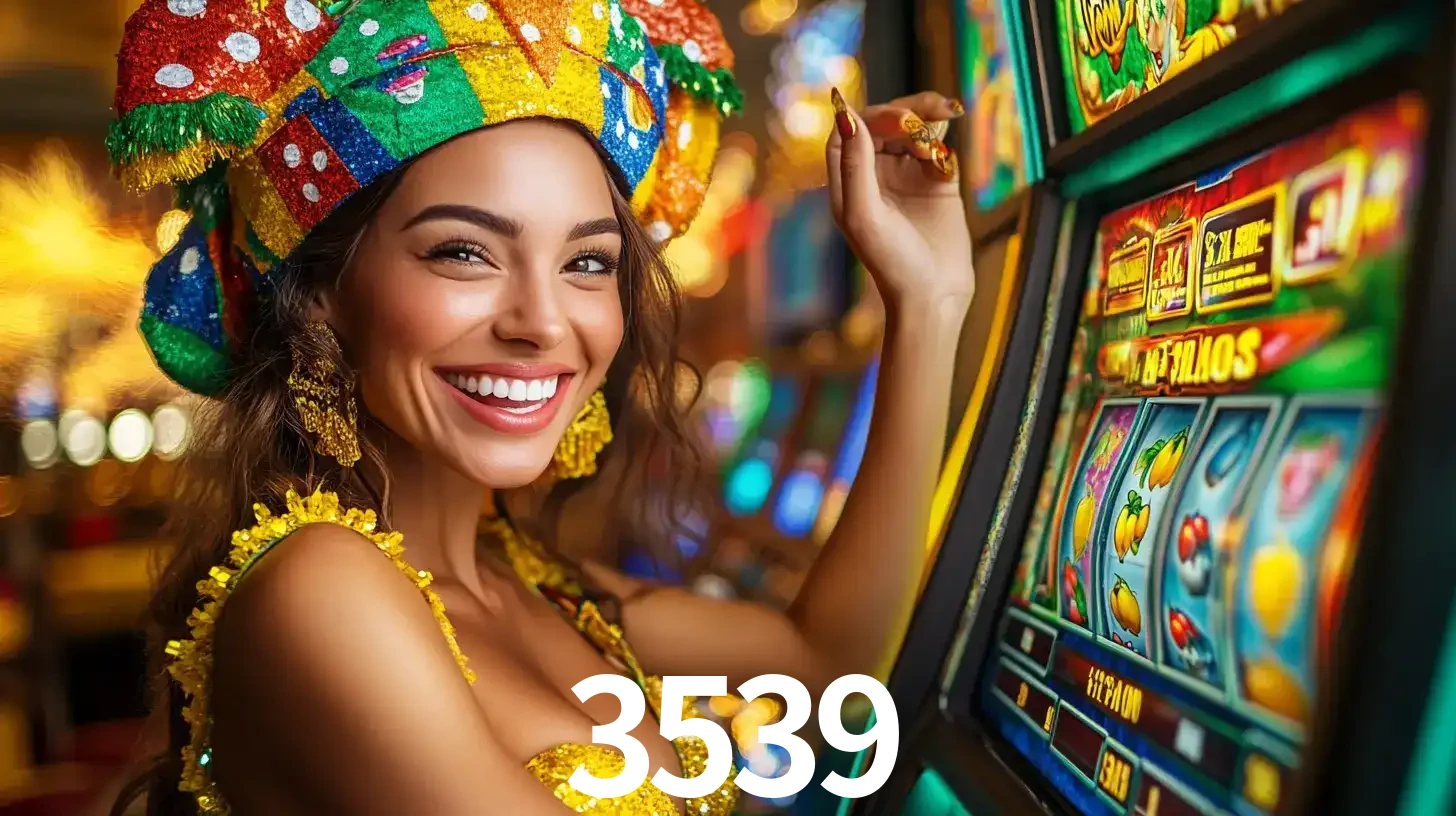 Mulher feliz com traje de carnaval amarelo e colorido ao lado de uma máquina de caça-níqueis, aproveitando a diversão e os jogos temáticos do cassino 3539.