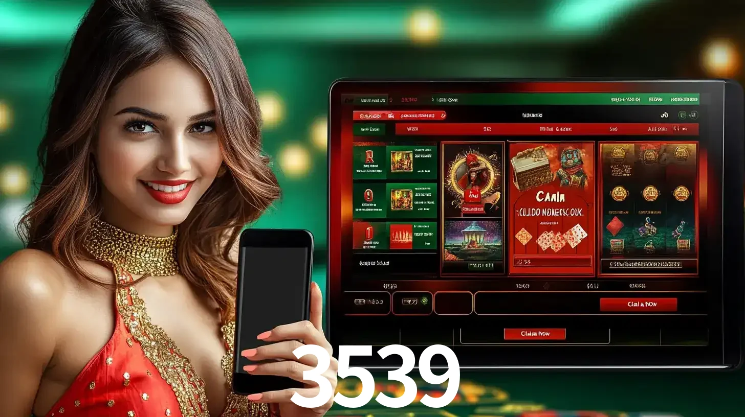 Mulher sorridente segurando um smartphone, ao lado de uma tela exibindo o lobby de jogos do cassino online 3539, com várias opções de jogos de cartas e slots.